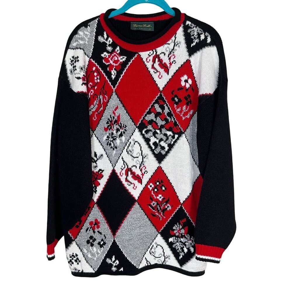 Dana Scott Sweater M Red Patchwork Floral Old Money Classic Resort Preppy 80s‎